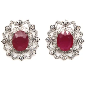925 Plata de Ley Bañado en Oro Blanco 8x 10Mm. Rosa Rubí & Circonita Pendientes - Imagen 1 de 4