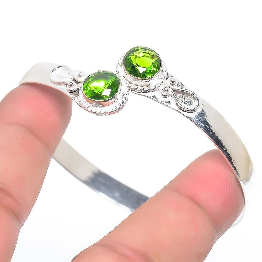 Green Peridot Gemstone 925 Sterling Silver Handmade Jewelry Bangle Size 7-8" - Image 1 of 1
