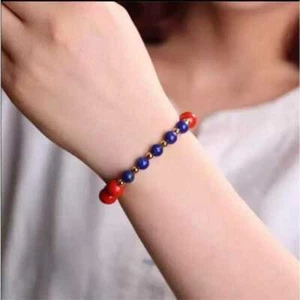 8MM Beautiful Natural Cinnabar Lapis Lazuli Beads Bracelet Practice Emotional - Picture 1 of 5