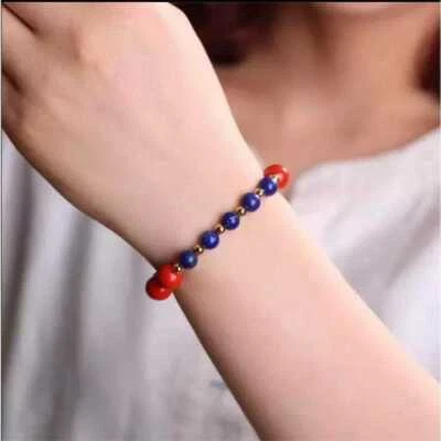 8MM Beautiful Natural Cinnabar Lapis Lazuli Beads Bracelet Practice Emotional - Image 1 of 4