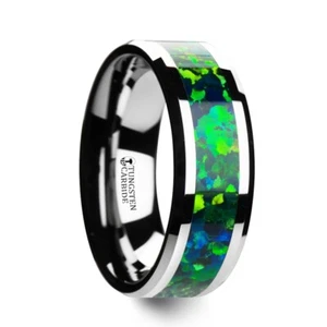 Men's Polished Tungsten Band Beveled Edges with Green Blue Opal Inlay - 8mm - Picture 1 of 2