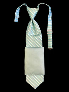 Boys Size Green Striped Long Tie and Pocket Square Pre-Tied Wedding Ring Bearer - Picture 1 of 1