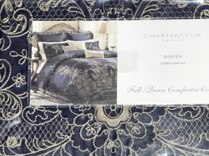NEW Charter Club Luxury ROUEN Comforter Cover Bedskirt Pillowcase Navy Blue Gold - Picture 1 of 19