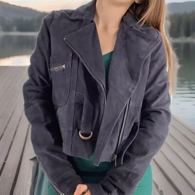 ONE-TEASPOON Chaqueta Moto Cuero Genuino Azul Marino Talla Xs Mujer Foto 1 de 4