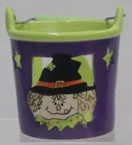 Ceramic Purple Green Halloween Witch Votive Candle Holder Candy Basket w Handle - Picture 1 of 6