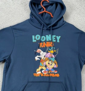 Looney Tunes Sweater Mens Large Blue Graphic Print Hoodie Sweatshirt Pocket NEW - Picture 1 of 10