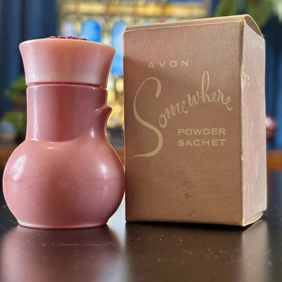 Vintage Avon SOMEWHERE Powder Sachet .9 oz Pink Bottle With Box FULL - Image 1 of 4