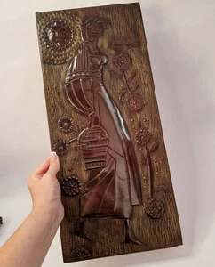 Vintage Embossed Metal Wall Art Plaque Woman Basket Flowers Rustic Decor - Picture 1 of 6