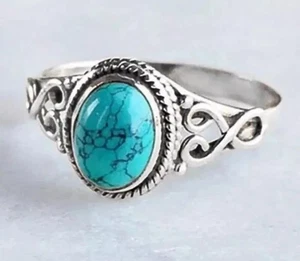 Silver Turquoise Ring – Scrollwork Band | Alloy & Resin | Sizes 5-11 Boho Ring  - Picture 1 of 3