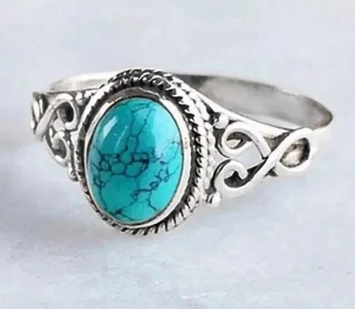 Silver Turquoise Ring – Scrollwork Band | Alloy & Resin | Sizes 5-11 Boho Ring  - Image 1 of 3