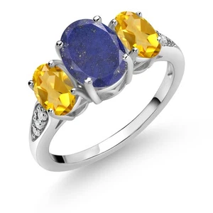 10K White Gold Blue Lapis Citrine and White Lab Grown Diamond 3 Stone - Picture 1 of 5