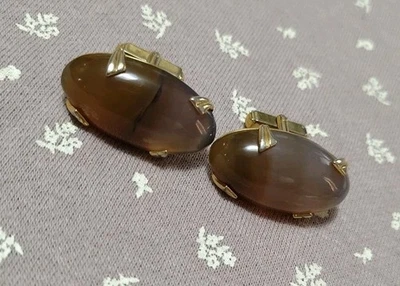LARGE  Brown Agate Cufflinks Gold Tone Polished Statement Modernist Anson VTG C1 - Image 1 of 4
