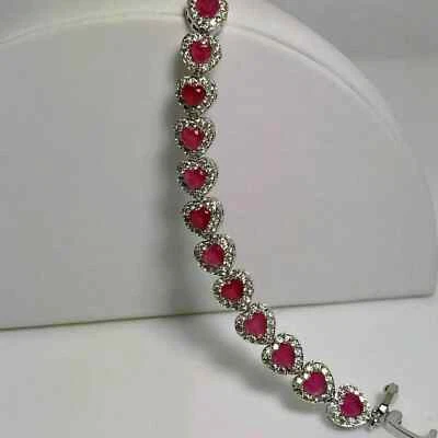 Brazalete Tenis Mujer 8 Ct Corazón Simulado Rubí 14K Chapado en Oro Blanco Halo Corazón Foto 1 de 4