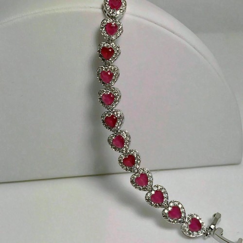 VALENTINO Bracciale Tennis Donna Cuore Simulato Rubino 14K Placcato Oro Bianco Cuore Halo 8 Ct