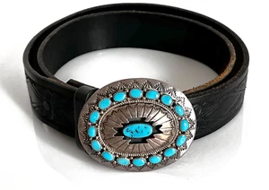 Vtg. WILBUR MUSKET Navajo Sterling Sleeping Beauty Turquoise Belt Buckle w/Belt - Picture 1 of 9