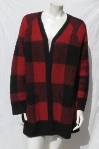 LUCKY BRAND Women’s M Red Black Buffalo Plaid Soft Long Cardigan Sweater Pockets - Picture 1 of 6