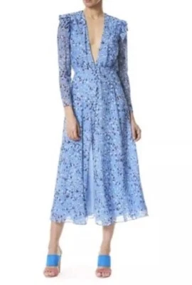 Vestido midi de seda con estampado floral abstracto con botones azul Carolina Herrera precio de venta sugerido por el fabricante $2580 Foto 1 de 4