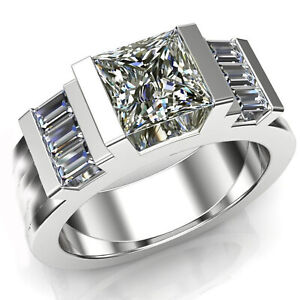 2.25 Ct Vvs1=.Brilliant Near White Princess Moissanite Diamond Men's Silver Ring