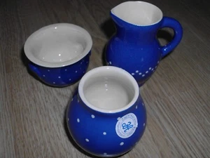 Miniaturen kleine Vase, Schälchen, Kännchen Keramik Blau mit weißen Punkten Zach - Bild 1 von 6