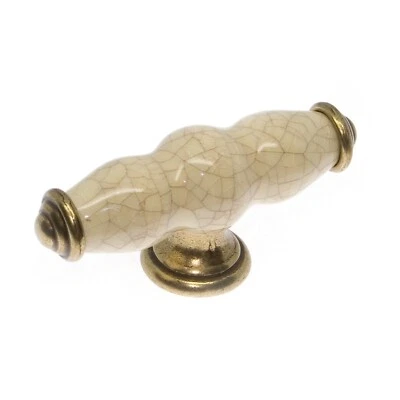 Cream Crackle Glaze & Antique Brass Door / Drawer T Knob | Kitchen Cupboard - Image 1 of 2