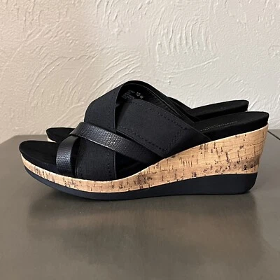 Cloudwalkers By Avenue Genny Black Slip On Wedge Sandals Cork Heels Womens 10 W - Image 1 of 4