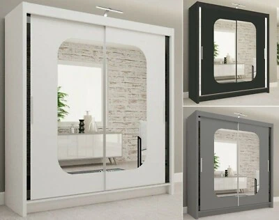 MN FURNITURE Modern Double Sliding 2 Doors Mirrored MARIKA Wardrobe w/ Led - 4 Sizes 3 Colors