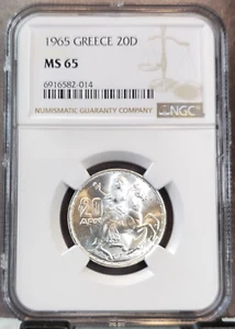1965 GREECE SILVER 20 DRACHMA SELENE MOON GODDESS NGC MS 65 BEAUTIFUL GEM BU - Picture 1 of 3