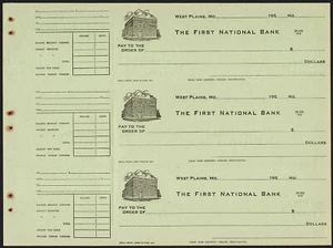 Vintage bank checks THE FIRST NATIONAL BANK West Plains Missouri 3 connected - Picture 1 of 2