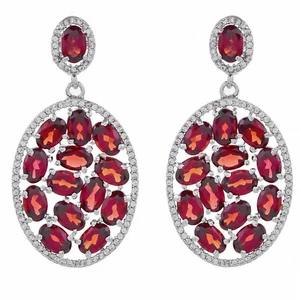 925 Sterling Silver Natural A++ Mozambique Garnet Oval Gemstone Earrings 1.5" - Picture 1 of 9