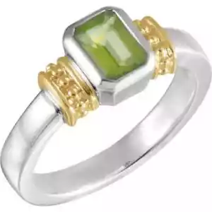 Natural Peridot Solitaire Ring In Sterling Silver & 14K Yellow Gold - Picture 1 of 2