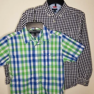 Lot 2 Tommy Hilfiger Boys Button Up Shirts Sz 16-18 Plaid Check Blue Green LS SS - Picture 1 of 10