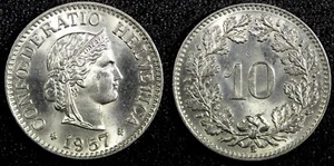 Switzerland Copper-Nickel 1957 B 10 Rappen Better Date GEM BU KM# 27 (23 962) - Picture 1 of 3