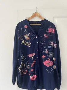 Desigual Long Sleeve Navy Blue Shirt Floral Hummingbird Butterfly Birds XL - Picture 1 of 2