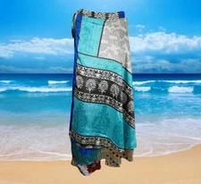 Women Wrap Long Skirt, Blue Printed Silk sari wrap skirt, Beach Skirt, One Size
