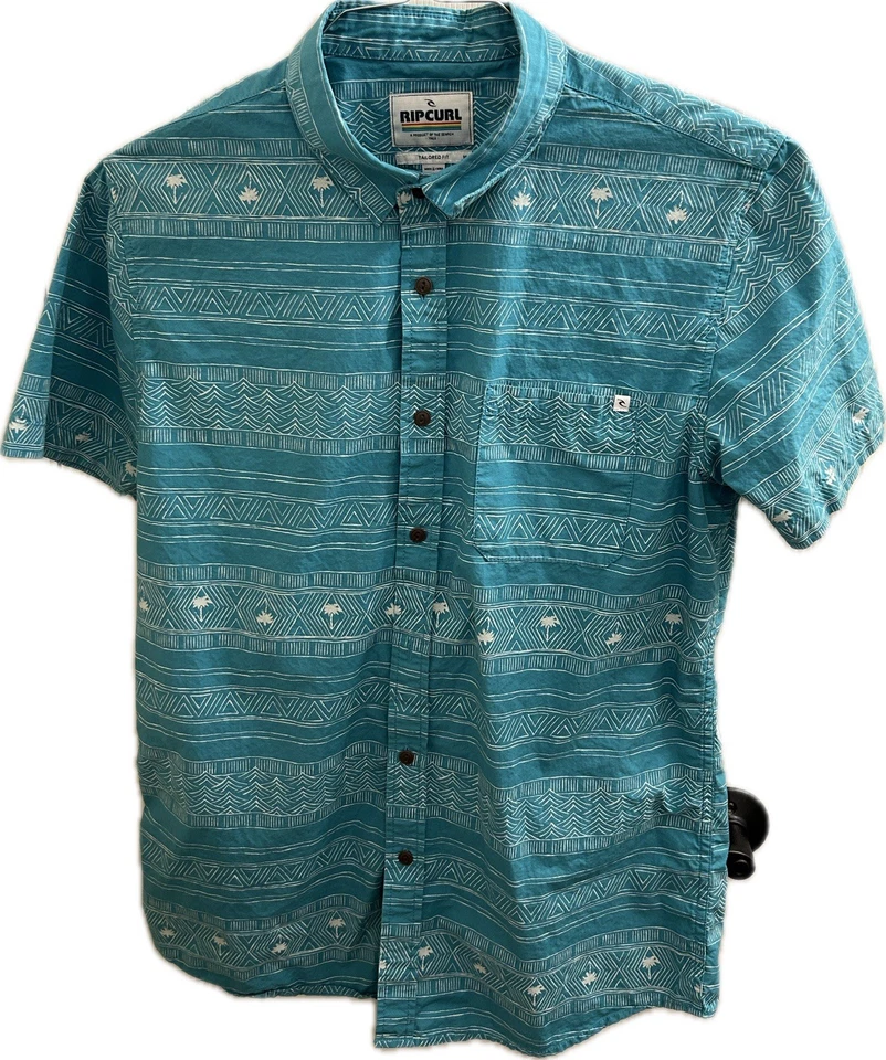Rip Curl Short Sleeve Button Shirt Men's Size M Teal Geometric Palm Print Pocket - Image 1 of 4