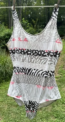 80s Vintage Gitano Sun KISS Swim Suit Women’s 16 zebra animal print white pink - Image 1 of 3