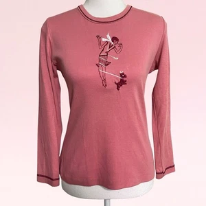 vintage 80s pink flapper girl Scottie dog embroidered preppy long-sleeve top S - Picture 1 of 15