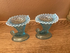 Vintage Fenton Blue Opalescent Hobnail Glass Cornucopia Vase Candle Holder Pair - Picture 1 of 5