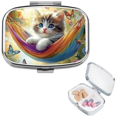 Cute Cat Medicine Pill Box 2-Compartment Portable Travel Pocket Size - Image 1 of 4