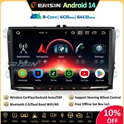 9" Android 14 Navi Autoradio DAB+ for VW Passat Polo Golf 5/6 Tiguan Touran Seat - Immagine 1 di 4