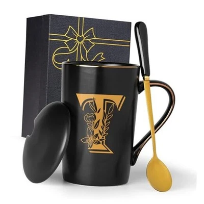 Tazas iniciales personalizadas letra T con flor, letra T personalizadas negras-T Foto 1 de 4