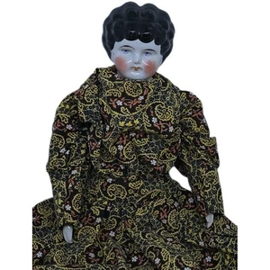 Antique German Porcelain China Head Doll Low Brow Blue Eyes Molded Wavy Hair 15" - Picture 1 of 22