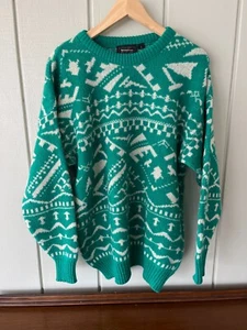 Vintage Silver Farn Funky Green Geo Pattern New Zealand Wool Sweater - Large - Bild 1 von 6
