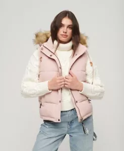 Superdry Womens Everest Faux Fur Puffer Gilet Hooded Jacket, Quilted Pink Blush - Picture 1 of 4