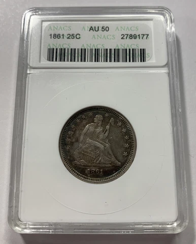 1861 25C Toned Seated Liberty Quarter ANACS AU-50. #2044 Cover