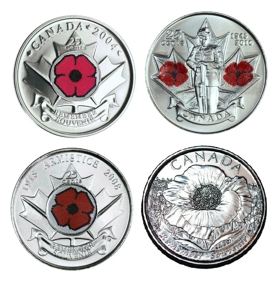 Canada Remembrance 4 Coin Poppy BU UNC Set, 2004 P, 2008, 2010 & 2015!! - Image 1 of 1