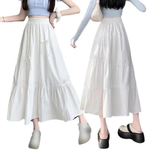 Elastic Women's High-Waisted A-Line Pleated Skirt with Bows Puffy Skirt Dress - Picture 1 of 24