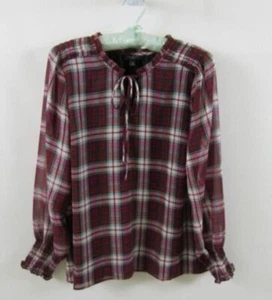 Talbots red plaid smocked tie neck long sleeve lined poly blouse *Sz PM* - Picture 1 of 5