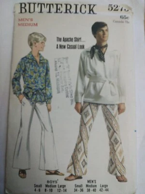 Shirt Apache Pullover Mens M 38 40 Tie Waist 5273 Butterick Sewing Pattern VTG - Image 1 of 4