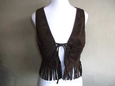 Solid Color Suedette Bomber Vest Sz S Tassel Tie Front Sleeveless Brown chocolat - Image 1 of 4
